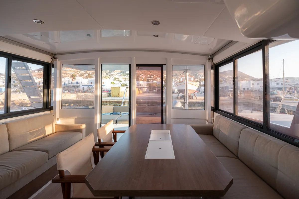 Salon of Maritina, a Bali 4.4 catamaran at Parikia, Greece