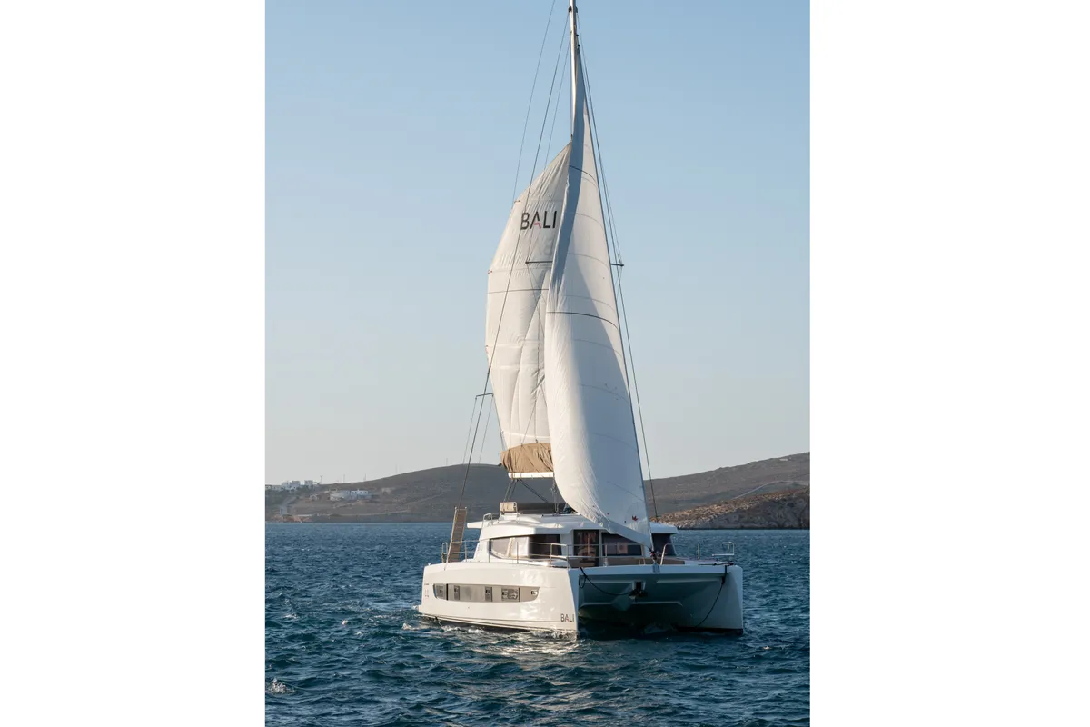 Exterior view of Maritina, a Bali 4.4 catamaran at Parikia, Greece