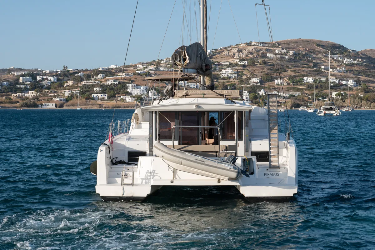 Exterior view of Maritina, a Bali 4.4 catamaran at Parikia, Greece