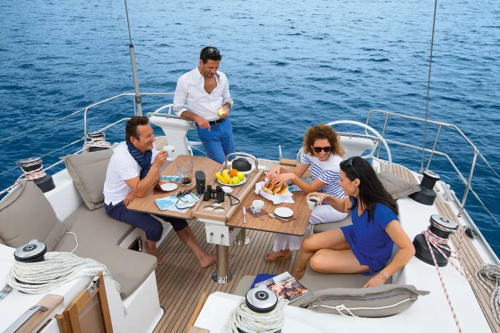 Deck of Alice, a Bavaria Cruiser 51 sailboat at Municipal Unit of Rhodes, Greece