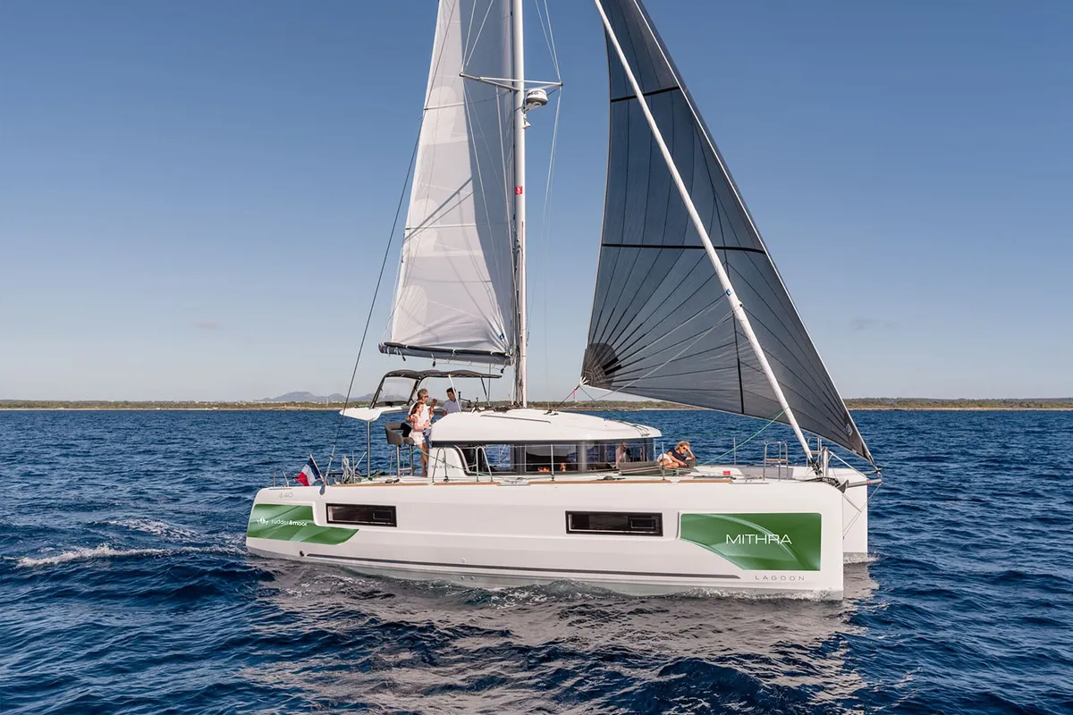 Exterior view of Mithra, a Lagoon 40 catamaran at Fethiye, Turkey