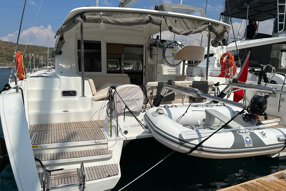 Exterior view of Mithra, a Lagoon 40 catamaran at Fethiye, Turkey