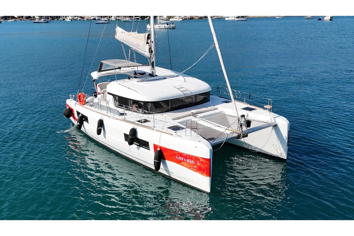 Exterior view of Mithra, a Lagoon 40 catamaran at Fethiye, Turkey