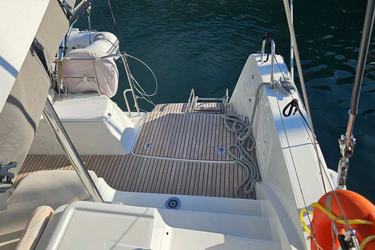 Exterior view of Mithra, a Lagoon 40 catamaran at Fethiye, Turkey