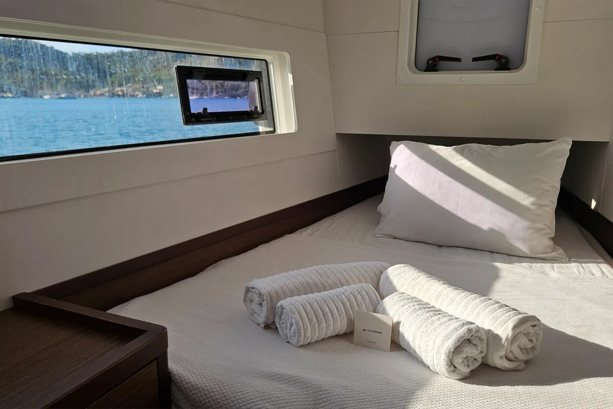 Deck of Mithra, a Lagoon 40 catamaran at Fethiye, Turkey