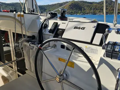 Cockpit of Mithra, a Lagoon 40 catamaran at Fethiye, Turkey