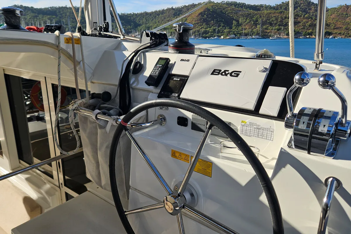 Cockpit of Mithra, a Lagoon 40 catamaran at Fethiye, Turkey