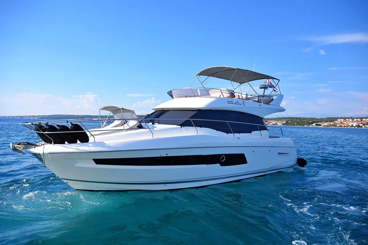 Exterior view of Adudu 2, a Jeanneau Prestige 460 Fly motor yacht at Dubrovnik, Croatia