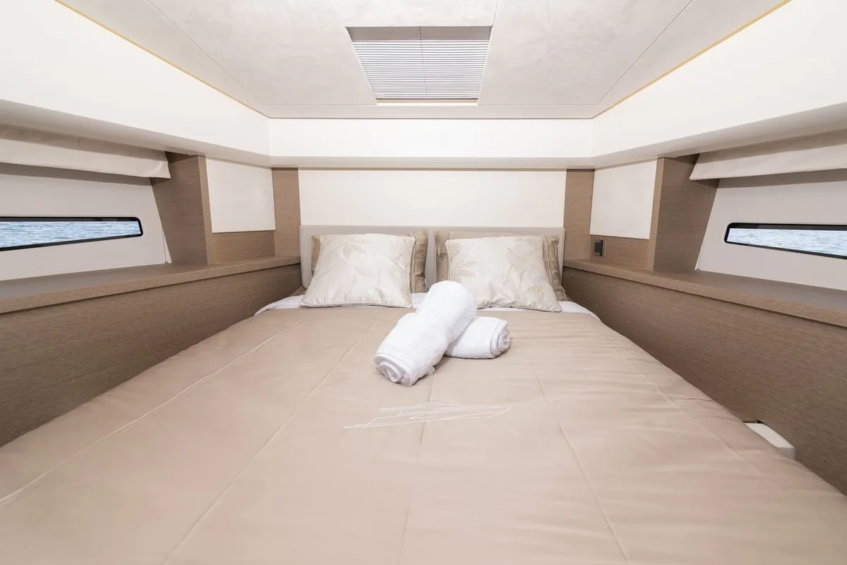 Cabin on Adudu 2, a Jeanneau Prestige 460 Fly motor yacht at Dubrovnik, Croatia