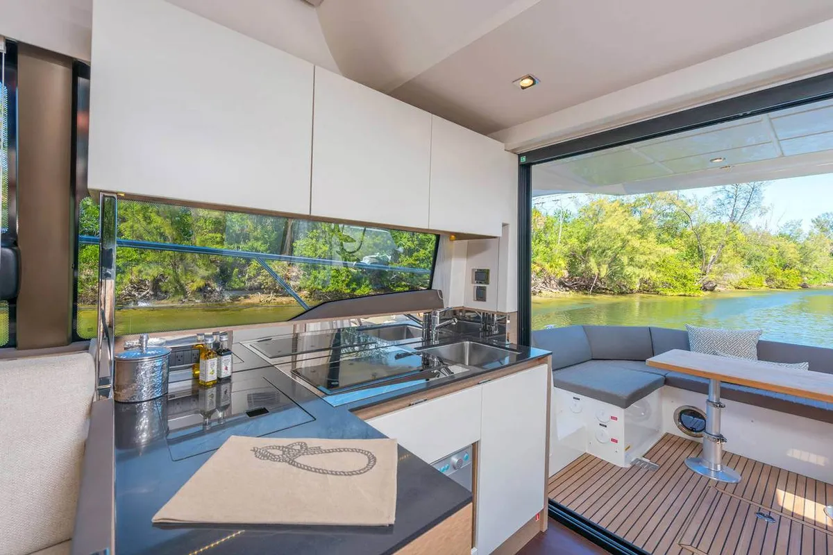 Galley of Adudu 2, a Jeanneau Prestige 460 Fly motor yacht at Dubrovnik, Croatia