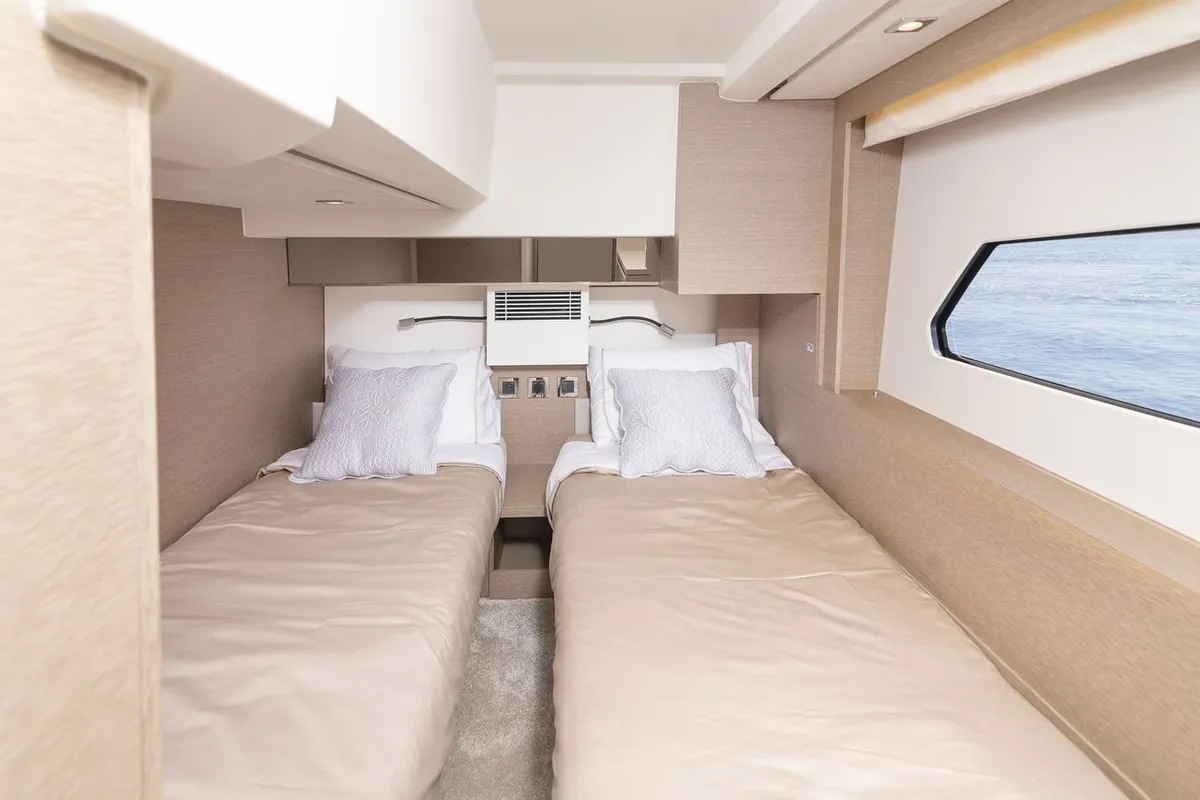 Cabin on Adudu 2, a Jeanneau Prestige 460 Fly motor yacht at Dubrovnik, Croatia