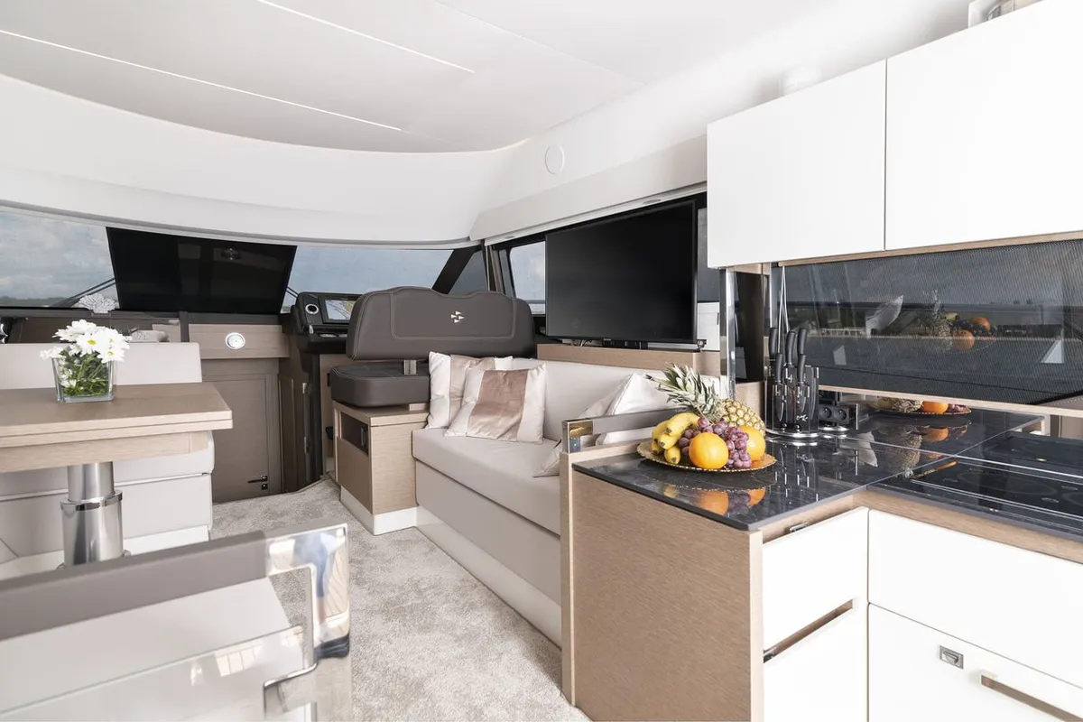 Salon of Adudu 2, a Jeanneau Prestige 460 Fly motor yacht at Dubrovnik, Croatia