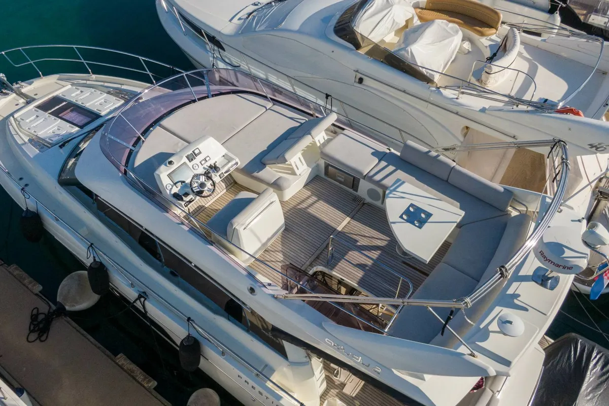 Deck of Adudu 2, a Jeanneau Prestige 460 Fly motor yacht at Dubrovnik, Croatia