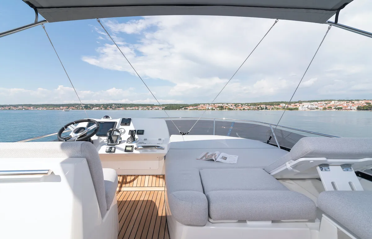 Deck of Adudu 2, a Jeanneau Prestige 460 Fly motor yacht at Dubrovnik, Croatia