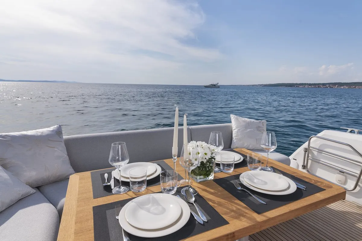 Deck of Adudu 2, a Jeanneau Prestige 460 Fly motor yacht at Dubrovnik, Croatia