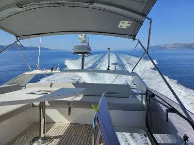 Deck of Adudu 2, a Jeanneau Prestige 460 Fly motor yacht at Dubrovnik, Croatia