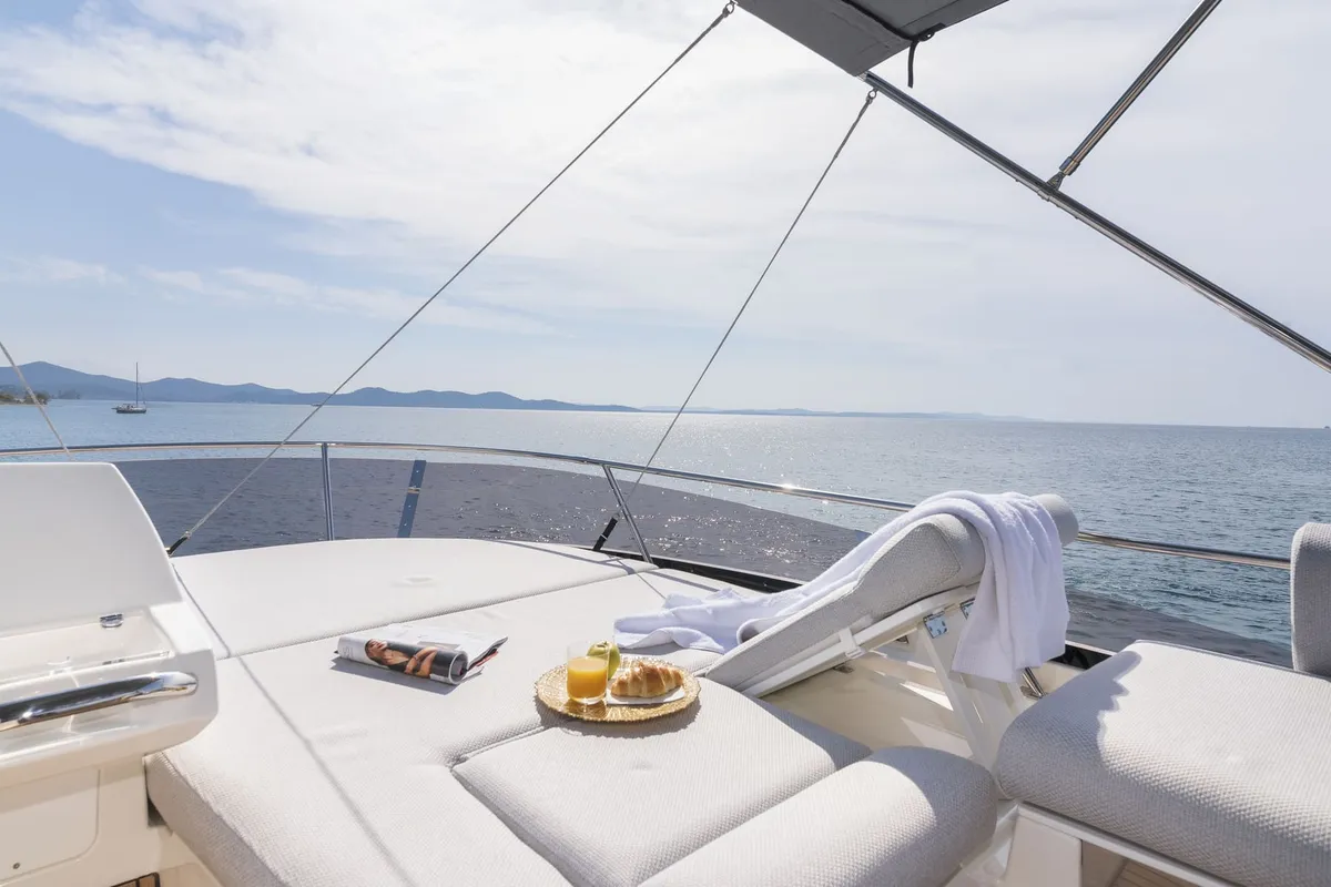 Deck of Adudu 2, a Jeanneau Prestige 460 Fly motor yacht at Dubrovnik, Croatia