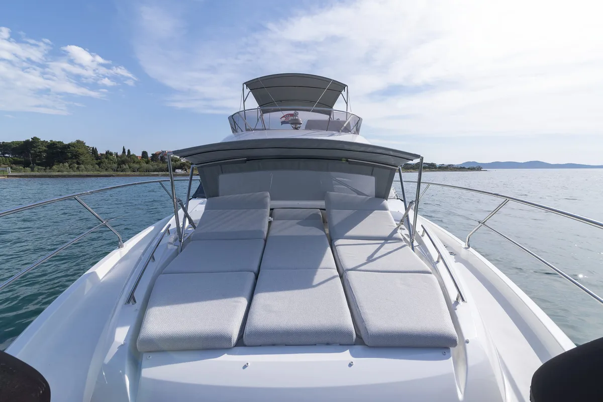 Deck of Adudu 2, a Jeanneau Prestige 460 Fly motor yacht at Dubrovnik, Croatia