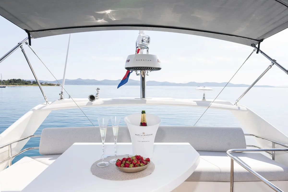Deck of Adudu 2, a Jeanneau Prestige 460 Fly motor yacht at Dubrovnik, Croatia