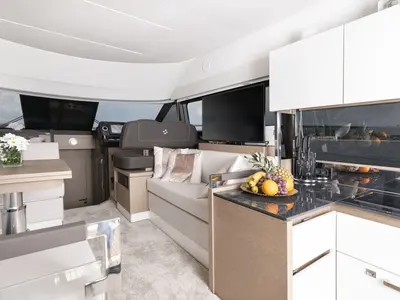 Salon of Adudu 2, a Jeanneau Prestige 460 Fly motor yacht at Dubrovnik, Croatia