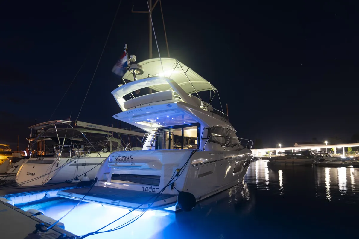Exterior view of Adudu 2, a Jeanneau Prestige 460 Fly motor yacht at Dubrovnik, Croatia