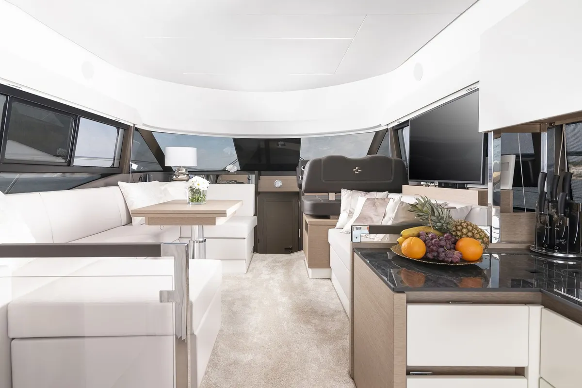 Salon of Adudu 2, a Jeanneau Prestige 460 Fly motor yacht at Dubrovnik, Croatia