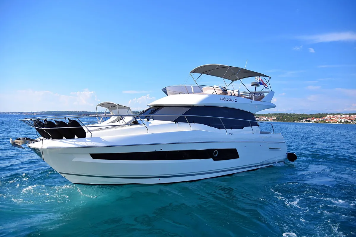 Exterior view of Adudu 2, a Jeanneau Prestige 460 Fly motor yacht at Dubrovnik, Croatia