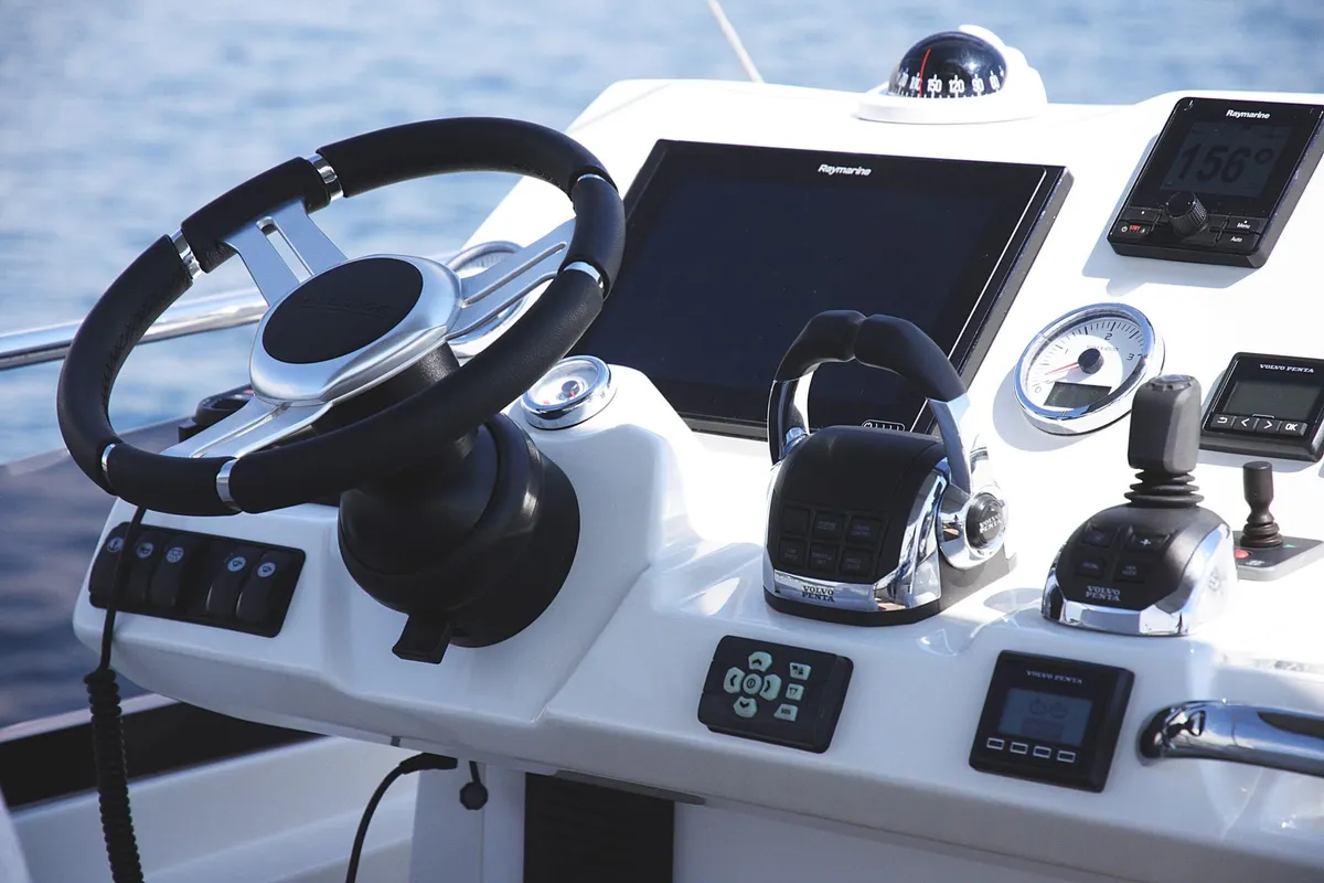 Cockpit of Adudu 2, a Jeanneau Prestige 460 Fly motor yacht at Dubrovnik, Croatia