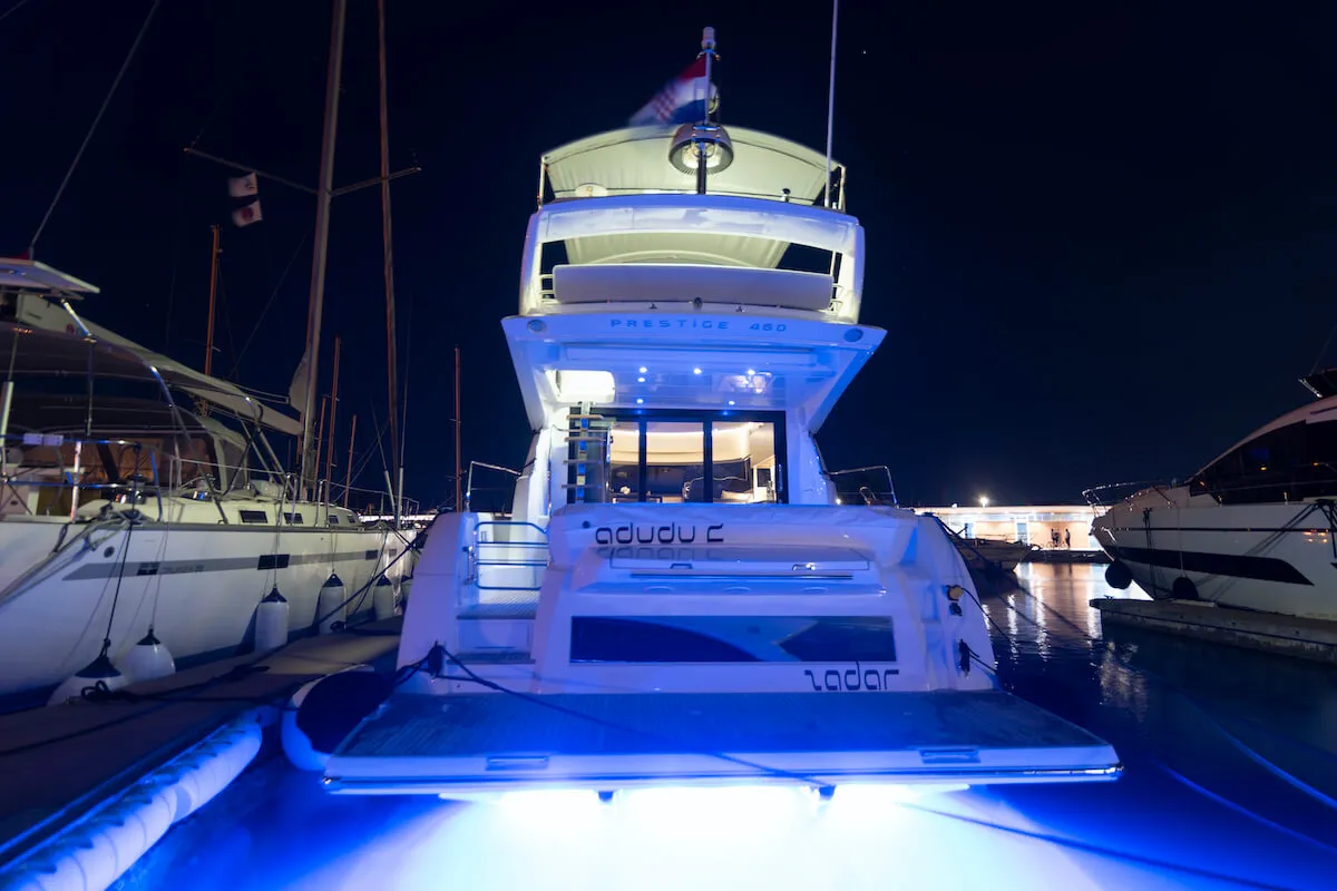 Exterior view of Adudu 2, a Jeanneau Prestige 460 Fly motor yacht at Dubrovnik, Croatia