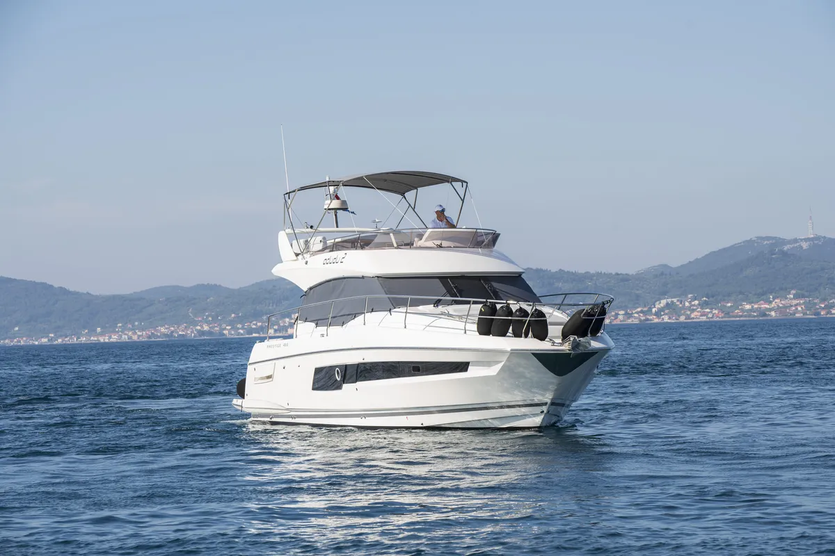 Exterior view of Adudu 2, a Jeanneau Prestige 460 Fly motor yacht at Dubrovnik, Croatia