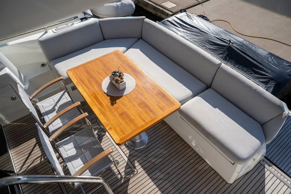 Deck of Adudu 2, a Jeanneau Prestige 460 Fly motor yacht at Dubrovnik, Croatia