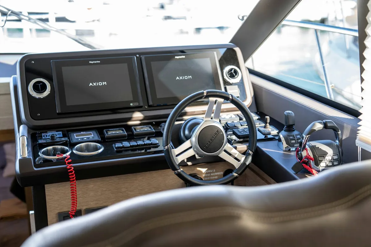 Cockpit of Adudu 2, a Jeanneau Prestige 460 Fly motor yacht at Dubrovnik, Croatia