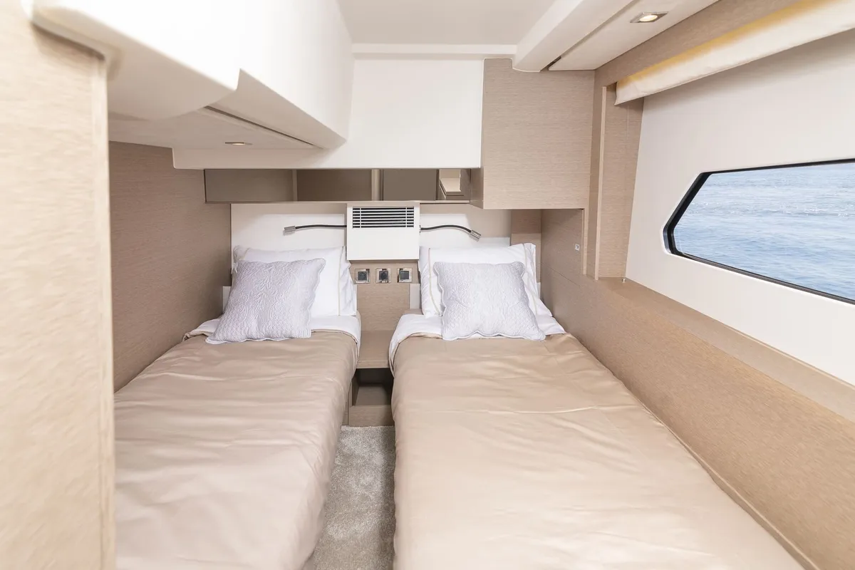 Cabin on Adudu 2, a Jeanneau Prestige 460 Fly motor yacht at Dubrovnik, Croatia