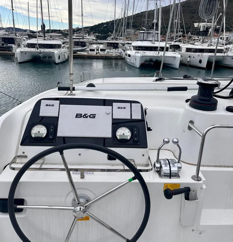 Cockpit of Vesper, a Lagoon 42 catamaran at Seget Donji, Croatia
