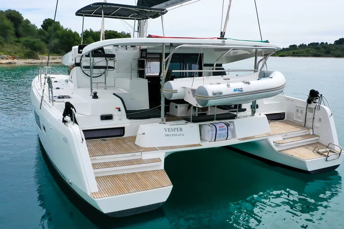 Exterior view of Vesper, a Lagoon 42 catamaran at Seget Donji, Croatia