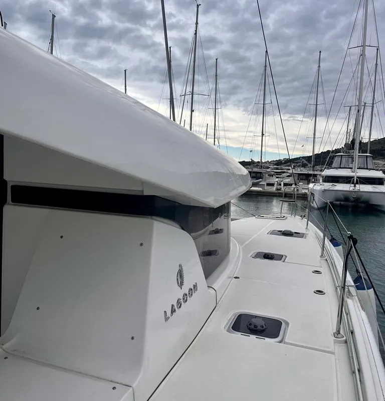 Deck of Vesper, a Lagoon 42 catamaran at Seget Donji, Croatia