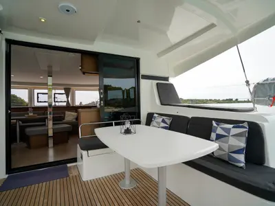 Deck of Vesper, a Lagoon 42 catamaran at Seget Donji, Croatia