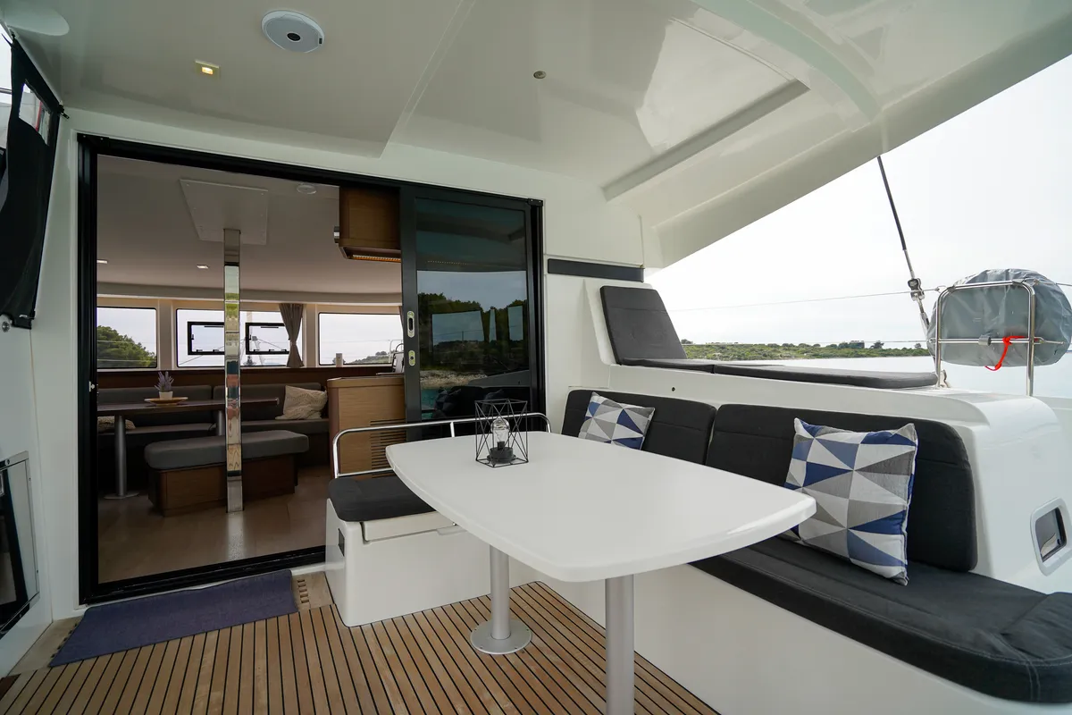 Deck of Vesper, a Lagoon 42 catamaran at Seget Donji, Croatia