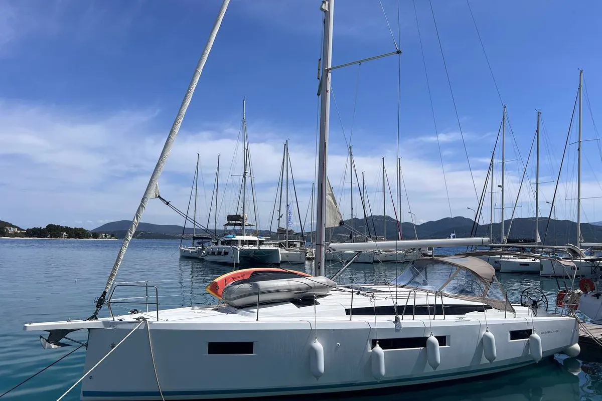 Exterior view of LUCIA, a Jeanneau Sun Odyssey 410 sailboat at Municipal Unit of Lefkada, Greece