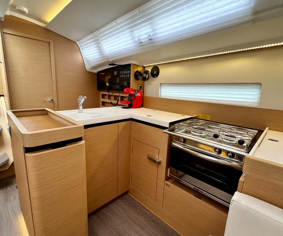 Galley of LUCIA, a Jeanneau Sun Odyssey 410 sailboat at Municipal Unit of Lefkada, Greece