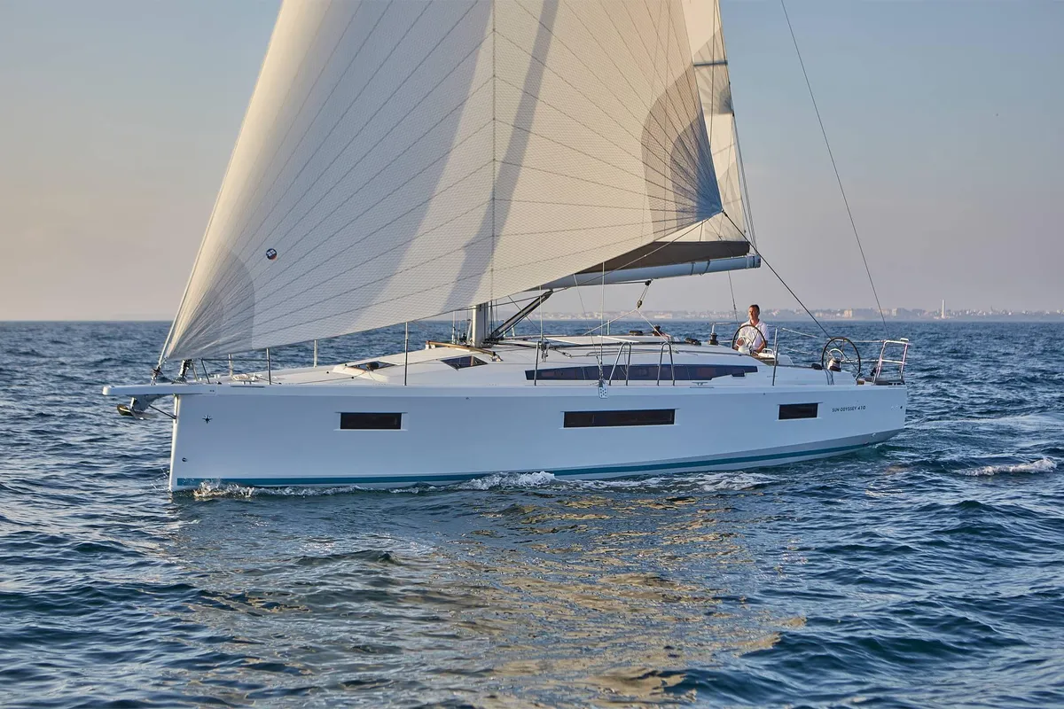 Exterior view of LUCIA, a Jeanneau Sun Odyssey 410 sailboat at Municipal Unit of Lefkada, Greece