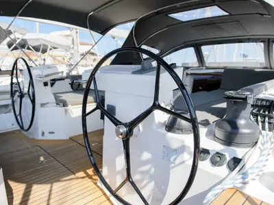 Cockpit of Friends, a Bavaria C57 sailboat at Municipal Unit of Lefkada, Greece