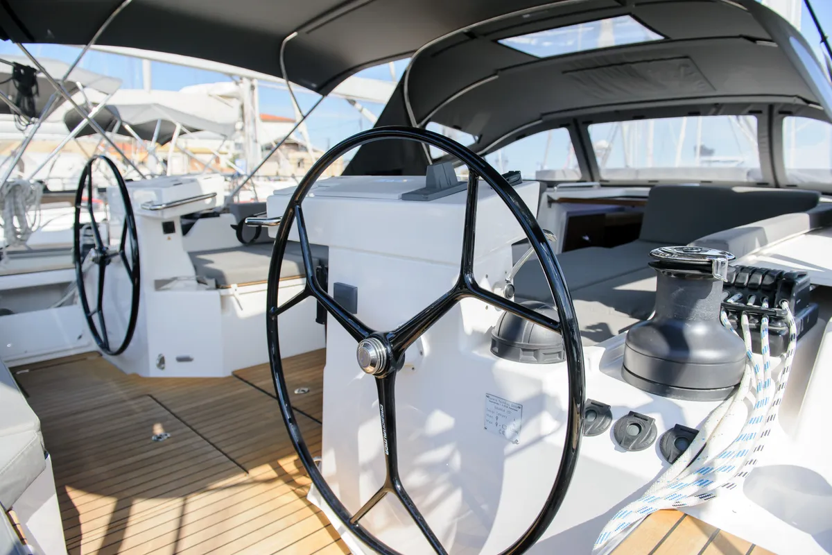 Cockpit of Friends, a Bavaria C57 sailboat at Municipal Unit of Lefkada, Greece
