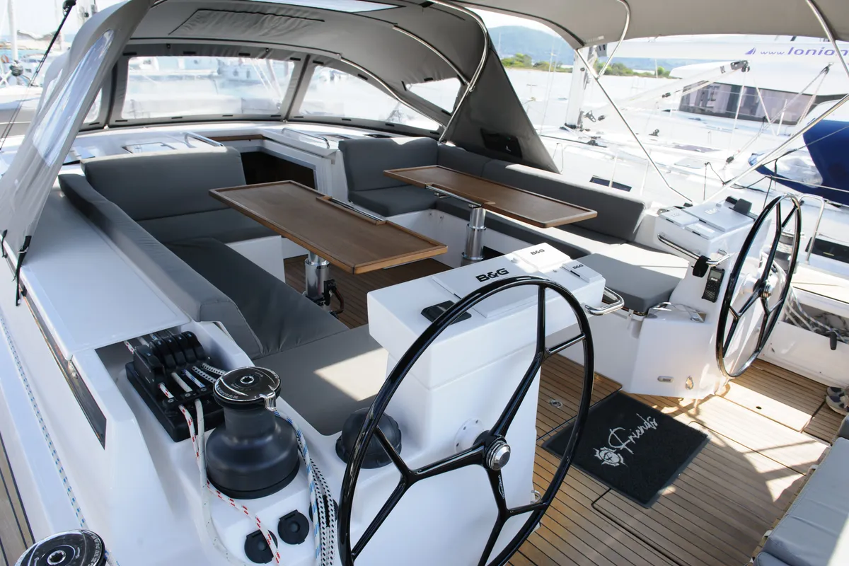 Cockpit of Friends, a Bavaria C57 sailboat at Municipal Unit of Lefkada, Greece