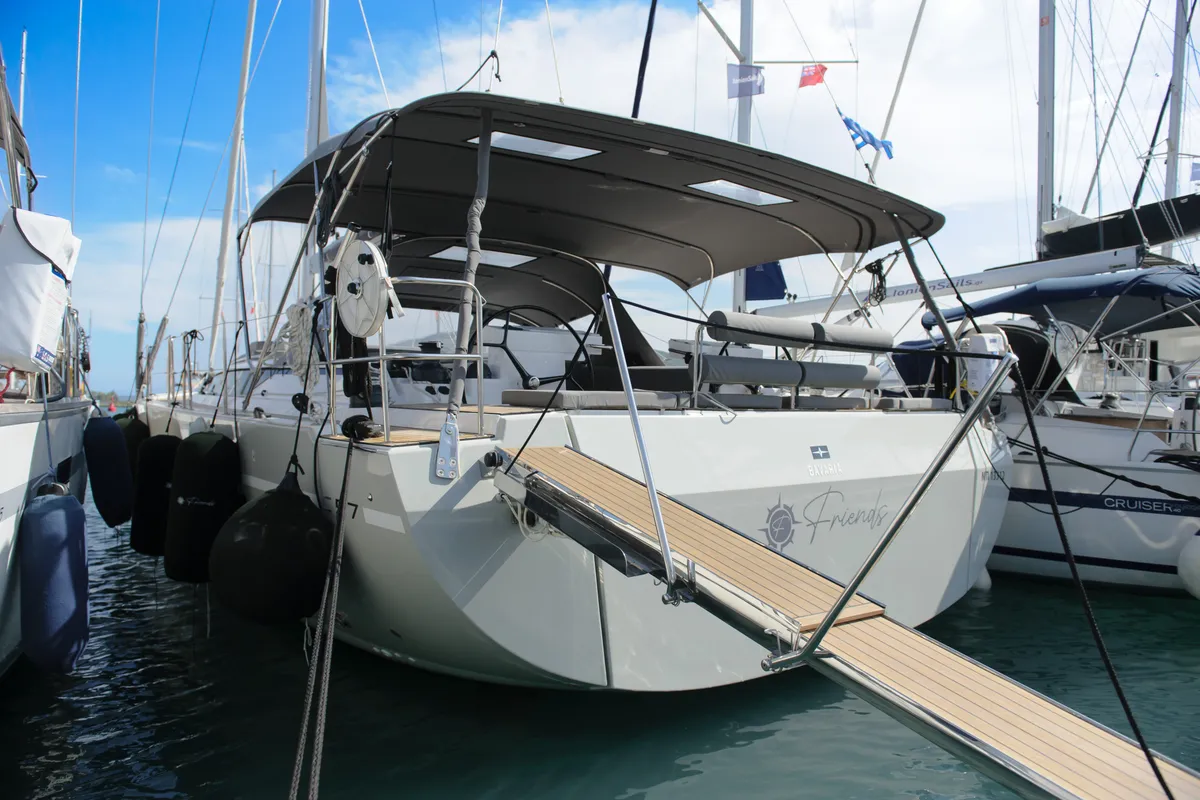 Exterior view of Friends, a Bavaria C57 sailboat at Municipal Unit of Lefkada, Greece