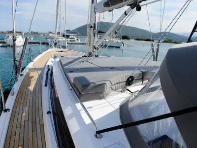 Deck of Friends, a Bavaria C57 sailboat at Municipal Unit of Lefkada, Greece