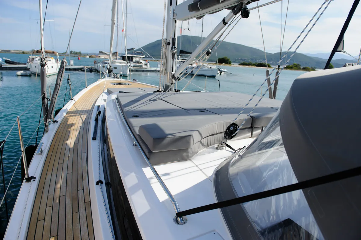 Deck of Friends, a Bavaria C57 sailboat at Municipal Unit of Lefkada, Greece
