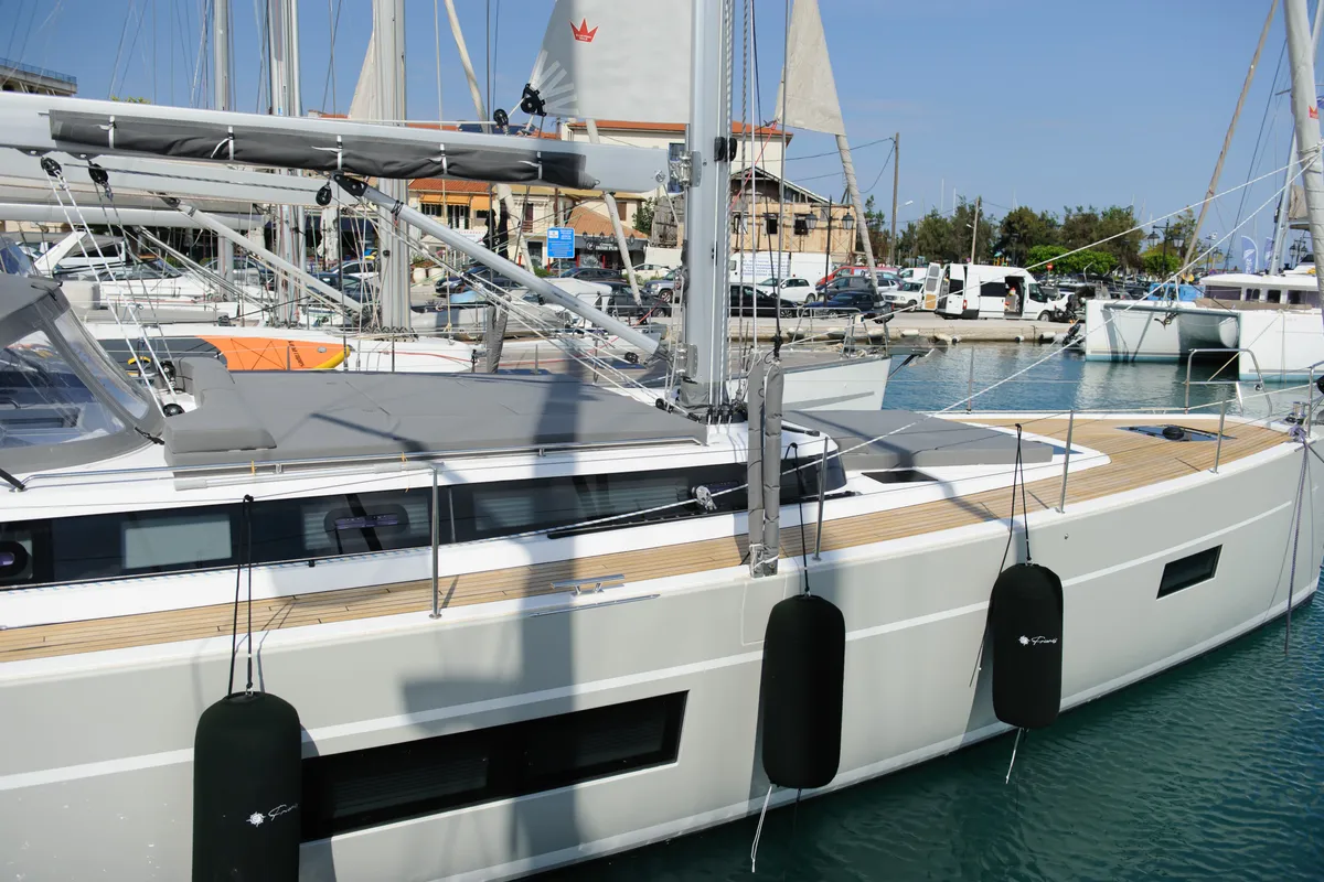 Exterior view of Friends, a Bavaria C57 sailboat at Municipal Unit of Lefkada, Greece