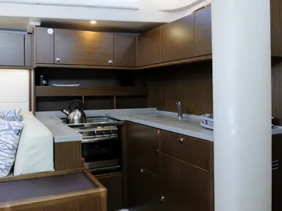 Galley of Friends, a Bavaria C57 sailboat at Municipal Unit of Lefkada, Greece