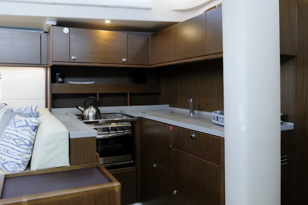 Galley of Friends, a Bavaria C57 sailboat at Municipal Unit of Lefkada, Greece